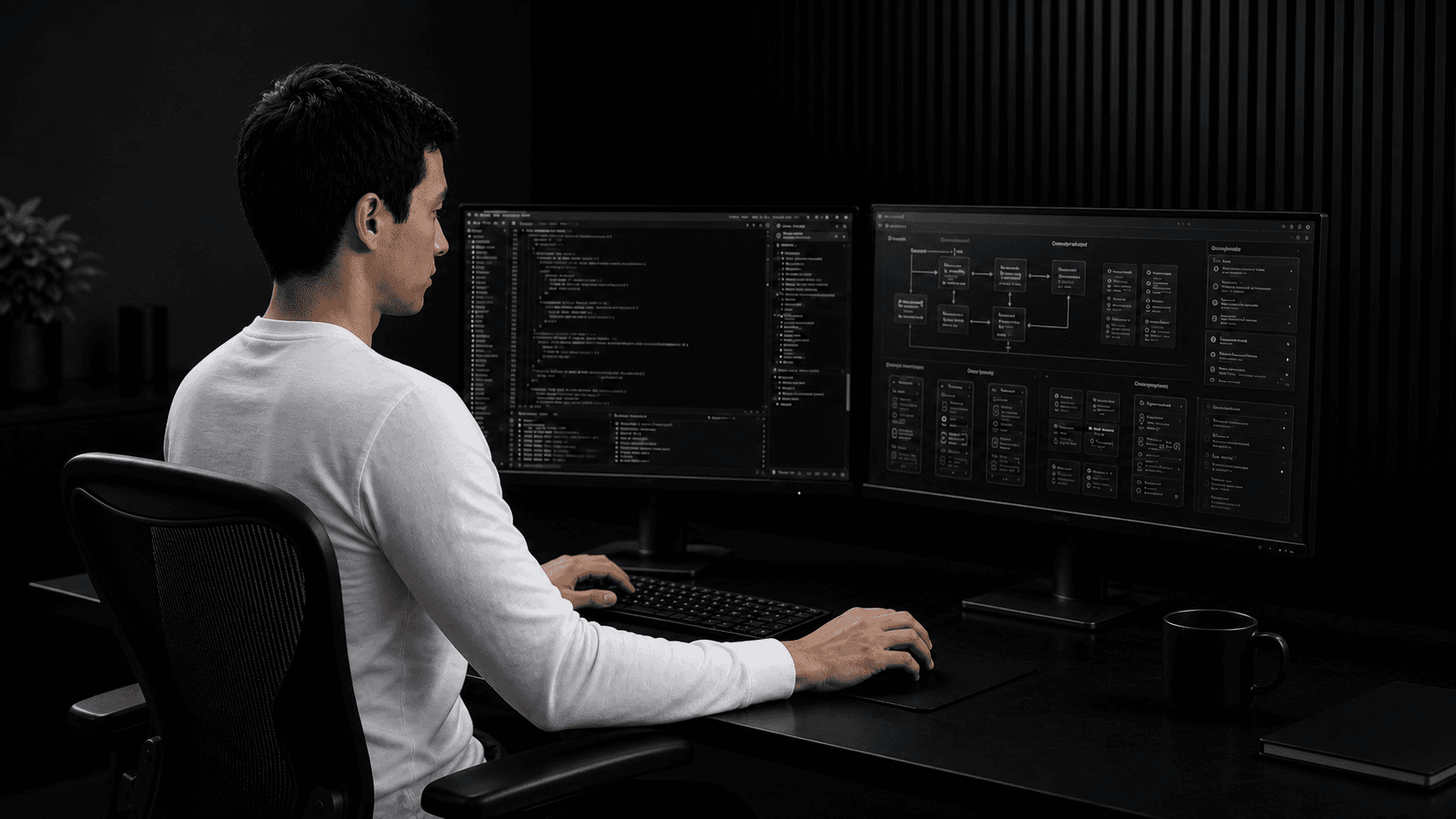 Mesa de trabajo oscura con laptop y diagrama de flujo