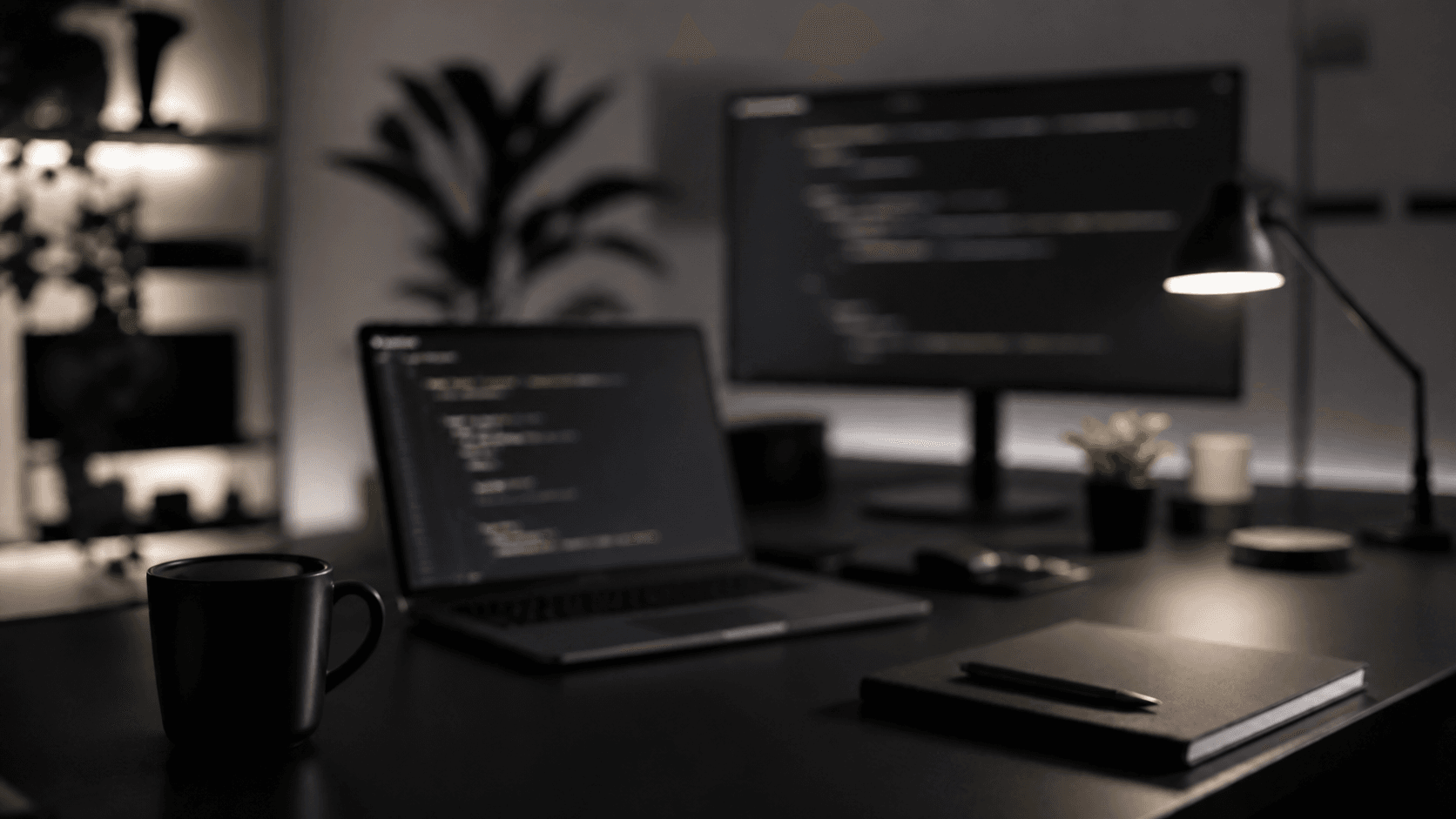 Escritorio de trabajo desenfocado con laptop, monitor, taza y planta